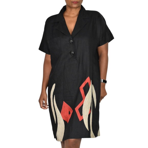 Vintage Andrea Jovine Linen Dress Black Print Abstract Embroidery Cocoon Medium - Picture 1 of 15